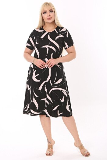 MELSAY Women's Plus Size Short Sleeve White Feather Pattern Midi Dress