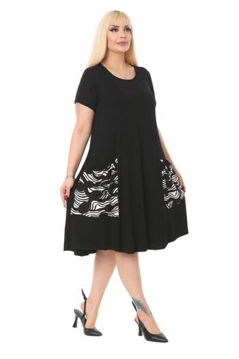 MELSAY Plus Size Black Wavy Pattern Balloon Pocket Detailed Dress