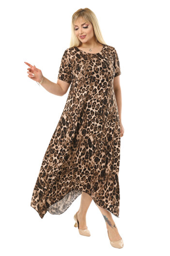 MELSAY Women's Leopard Print Short Sleeve Asymmetrical Plus Size Dress