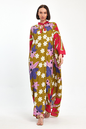 Denismoda Vp1069 Hakim Collar Floral Patterned Plus Size Dress Mustard
