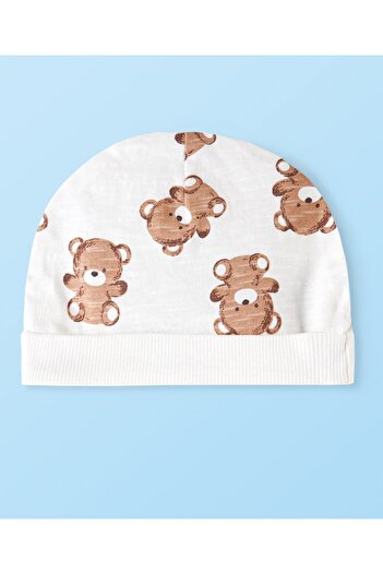 Bonfino Bonfino 100% Cotton Knit Bear Printed Cap Mittens & Booties Set - Off White