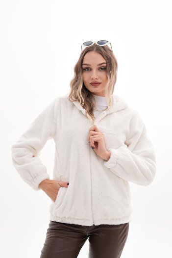 ŞİMAL Women's Hooded Zipper Closure Plush Coat 255122 -
