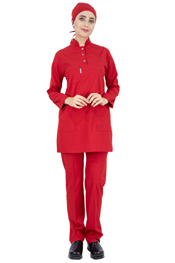 Alsancak Üniforma Red Lycra Thick Stretchy Fabric Hijab Nurse Jersey and Hijab Doctor Jersey Kit