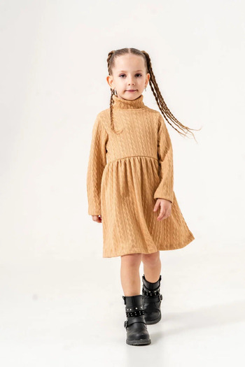 Eray Kids Кафява рокля с момичешки мотив от трикотажна материя