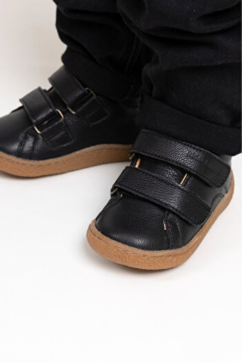 kids A more Pori Anatomical Sole Genuine Leather Barefoot Boots for Baby Boy - Double Velcro, Black