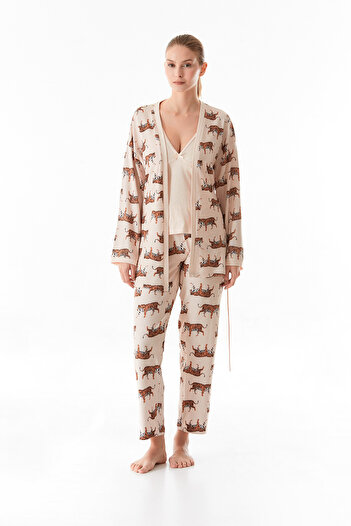 Fulla Moda Kaplan Desenli V Yaka 3 Lü Pijama Takımı
