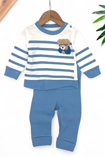 voyyo kids baby Erkek Bebek Mevsimlik Takımı Ayıcık Nakışlı Uzun Kollu Bisiklet Yaka Çizgili Sahte Gömlekli Takım