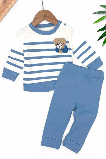 voyyo kids baby Erkek Bebek Mevsimlik Takımı Ayıcık Nakışlı Uzun Kollu Bisiklet Yaka Çizgili Sahte Gömlekli Takım