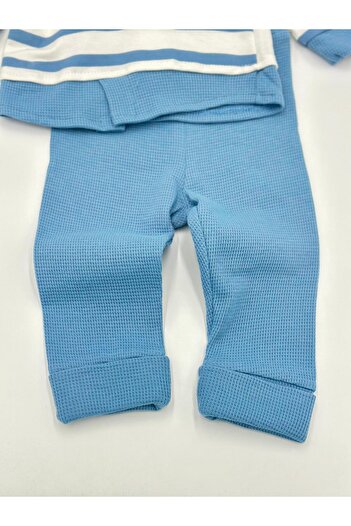 voyyo kids baby Erkek Bebek Mevsimlik Takımı Ayıcık Nakışlı Uzun Kollu Bisiklet Yaka Çizgili Sahte Gömlekli Takım