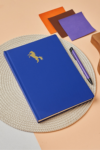 inkglo Navy Blue Gold Leaf Horse Printed Dotted Velvet Touch Cover 112 Sheets Notepad