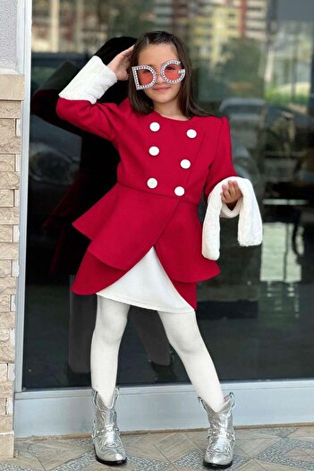 Riccotarz Girl's Red Stamp Coat Suit with Plush Detail
