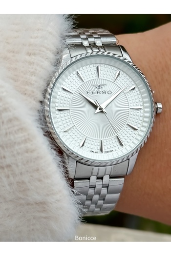 FERRO Brand Silver Color Steel Band, White Dial Women's Wrist Watch+Bracelet