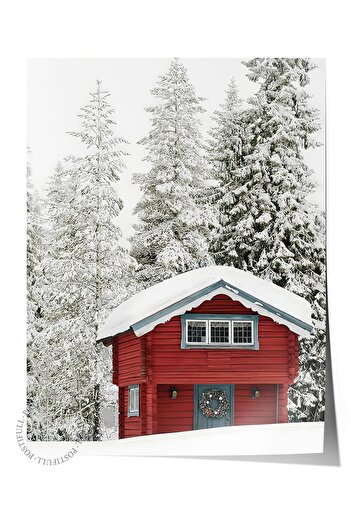 Postifull Frameless Christmas Poster, Christmas Decor, Comfort Series, Red Holiday Cabin Poster, No:108646