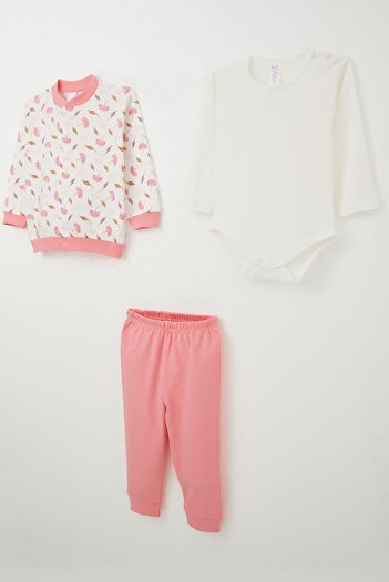 Breeze Baby Girl Bodysuit 3 Piece Set Floral Patterned 4 Months-1 Years, White