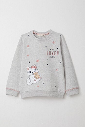 Breeze 1.5-5 Years Old Girl's Tracksuit Set - Cute Kitten Printed, Light Gray Melange