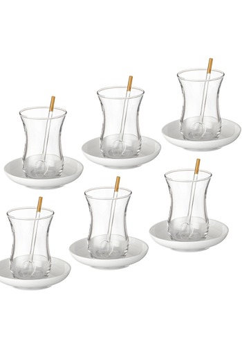 GREEN APPLE 18 Piece Tea Set With Plates And Spoons Consisting Of  Tea Cups +  Porcelain Saucers +  Glass Spoons