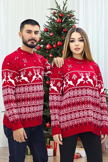 KURGAN TEKSTİL Crew Neck Long Sleeve Christmas Themed Lover Combination Knitwear Sweater