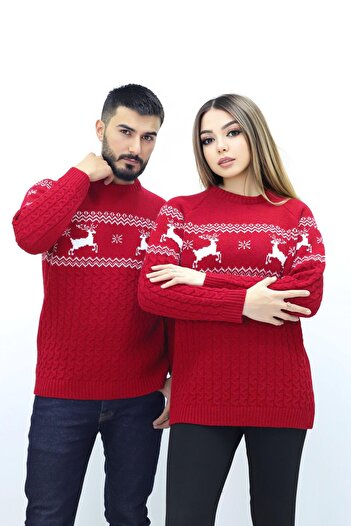 KURGAN TEKSTİL Crew Neck Long Sleeve Christmas Themed Lover Combination Knitwear Sweater