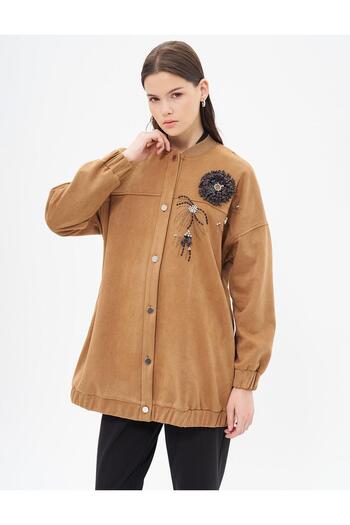 Kayra Camel Suede Jacket - Embroidered Detailed