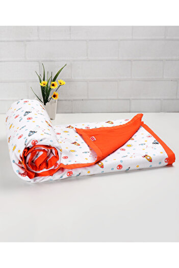Babyhug 3-Layered Cotton Muslin Baby Blanket, Space Print, Orange, Soft & Breathable