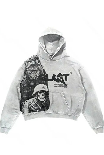 Köstebek White Ghost Blast Washed Fabric Hooded Sweatshirt