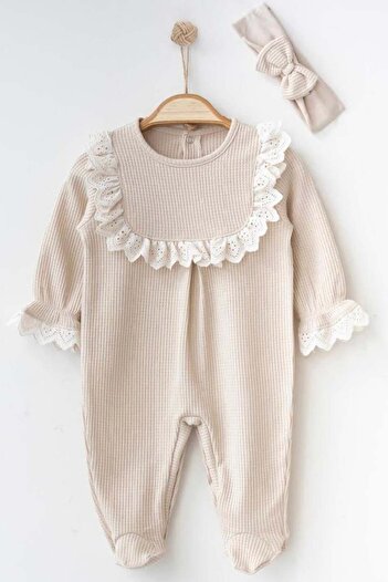Mini Ropa Beige Colored Scalloped Baby Girl Jumpsuit - Booties, Special Day Outfit, Mevlüt Photo Shoot