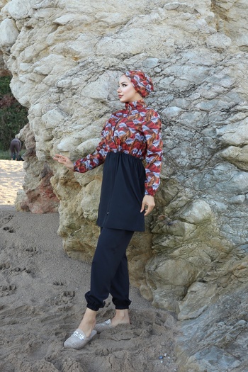 new ats Orange Black 3-Piece Hijab Swimsuit - Palm Pattern, Adjustable Waist Rubber