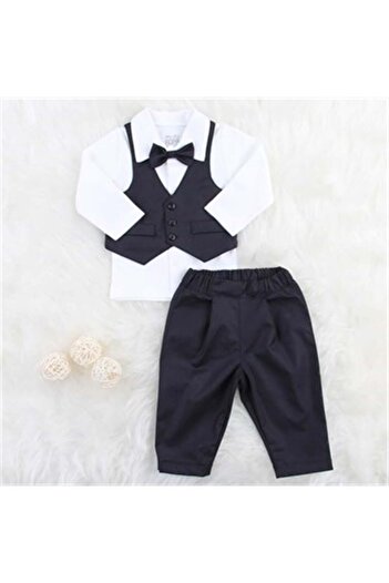 Mini Ropa Miniropa Plain Black Bow Tie Vest 3-Piece Baby Set