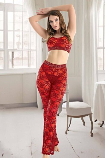 SiaLess Lingerie Red Lace Bottom Top Set Nightgown