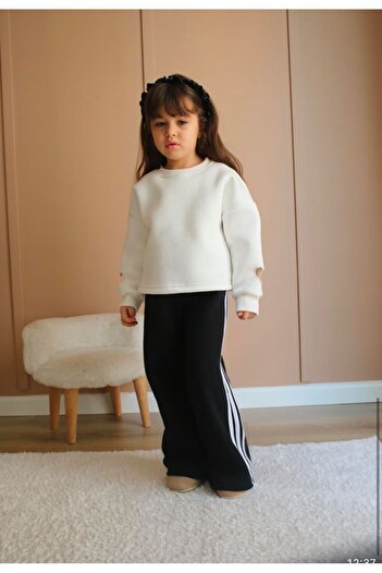 Lolliboomkids Girl's Sleeve Heart Cut Detailed Soft Cotton Tracksuit Set with Black and White Stripe