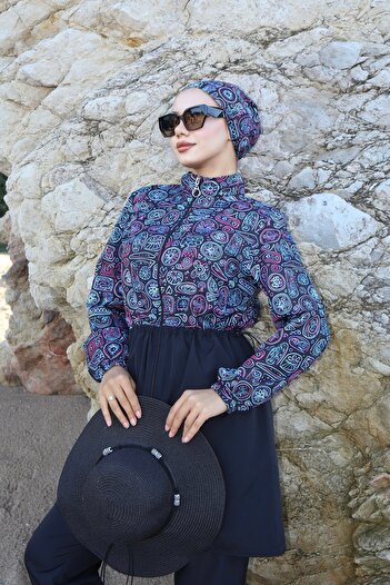 new ats Ethnic Patterned 3-Piece Hijab Swimsuit with Adjustable Elastic Waist