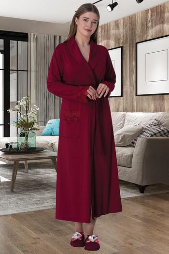 Mecit Pijama Cotton & Viscose Fabric, Lace Detail, Plus Size Long Dressing Gown