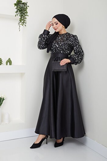 Ayşe Melek Kadın Giyim Abiye Moda Pul Detaylı Saten Abiye 2537