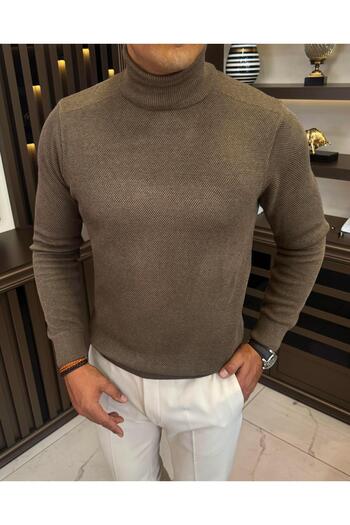 TerziAdemAltun Italian Style Slim Fit Turtleneck Knitwear Male Sweater Brown T13225