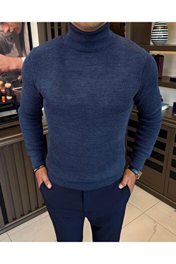 TerziAdemAltun Italian Style Slim Fit Turtleneck Knitwear Male Sweater Navy Blue T13224