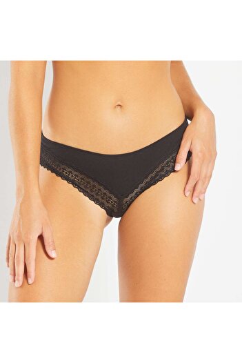 KIABI Pack of 3 cotton and lace tanga briefs BLACK