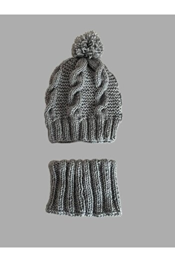 Mamas Bestie 3-5 Years Handmade Gray Knitted Beret and Neck Collar Set