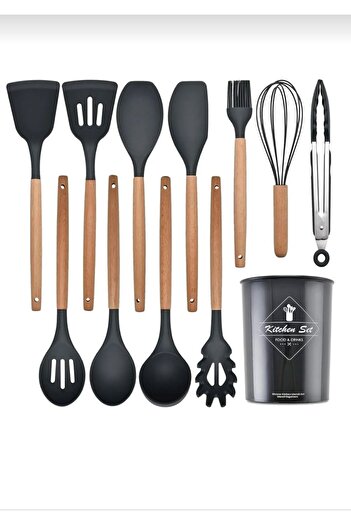 Keyfi Sepet Silicone 11-piece Ladle Set - Heat Resistant, with Spatula Stand, Pasta and Beater Ladle