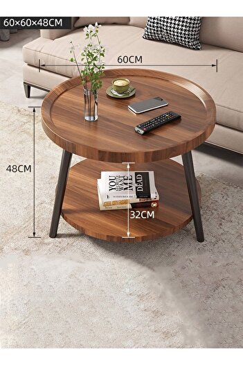Taimi Exquisite Double Layer Sofa Side Table, Round Small Coffee Table Brown 60x60x48cm