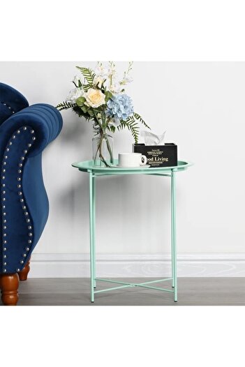 Taimi Modern Metal Round Folding Table, Nonslip Rubber, Portable Coffee Table, Green, 40x53x40cm