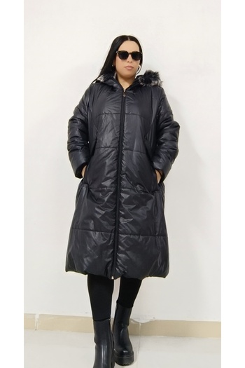 AKŞEN GİYİM Plus Size Women's Winter Fur Lined Padded Zipper Closure Fur Hood Coat