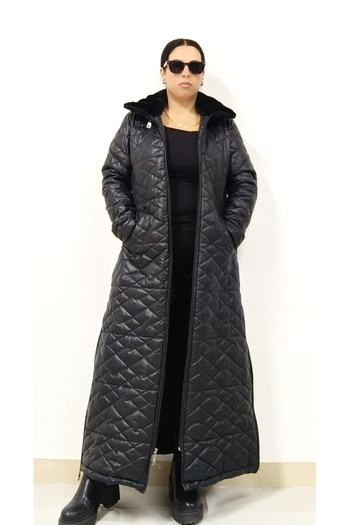 AKŞEN GİYİM Women's Seaset Suitable Inside Fur Lined Removable Hooded 125 cm Full-Size Long Trench Cotton Coat