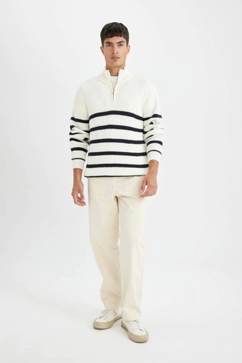 DeFacto D3274 Standard Fit Stand Collar Half Zipper Striped Knitwear Sweater