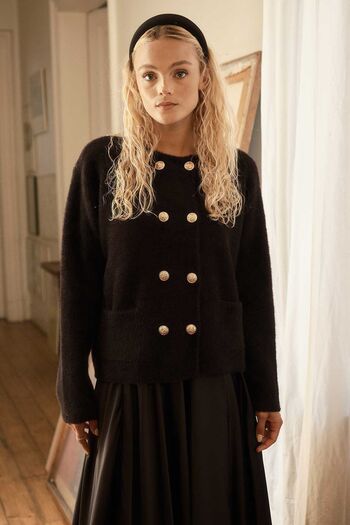 Hooopstore Black Furry Cardigan - Gold Button Detail