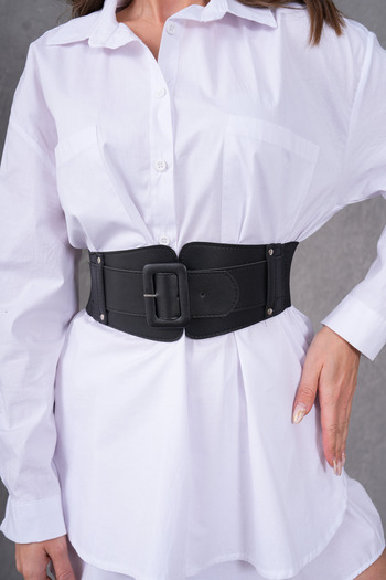 WOMAN VISION curea neagră lata din imitatie din piele, cu elastic flexibil și cataramă mare - damă 1743