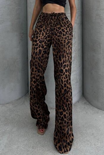 khar Women's Elastic Waist Leopard Pattern Satin Wide Leg Pants