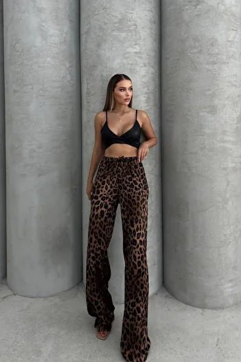 khar Women's Elastic Waist Leopard Pattern Satin Wide Leg Pants