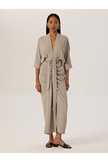 RİVUS Gray Slit Ornamental Buttoned Dress