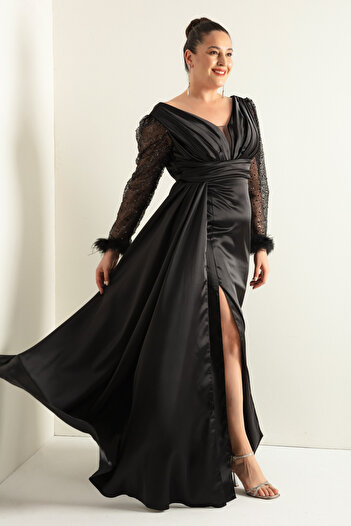 Lafaba Women's Black V-Neck Sleeves with Stone Slits Long Plus Size Evening Dress