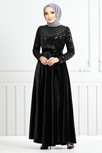 ModaMerve Black Velvet Evening Dress with Sequins, Model 2015Efy931-M